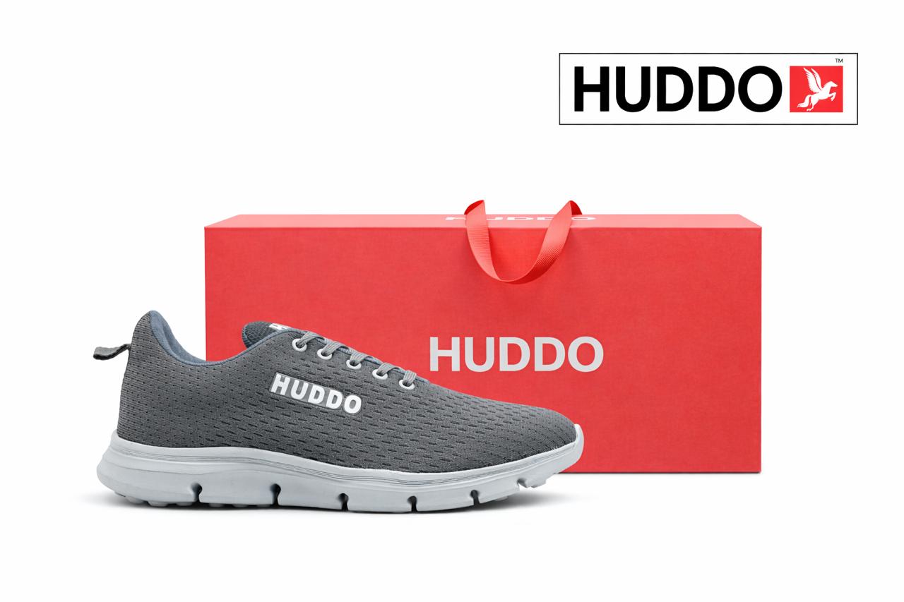Gray running shoe with 'HUDDO' branding next to a red box also featuring the brand logo on a white background.